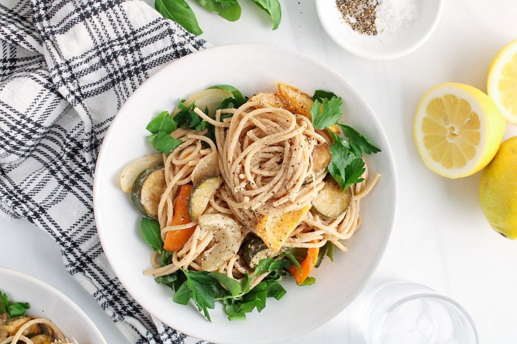 Pasta with Hummus and Roasted Vegetables - Plant Based Jess