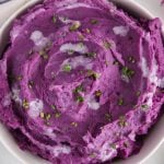 Close up on a bowl filled with a vegan mashed purple sweet potatoes garnished with chives.