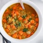 Close up on a bowl of vegan carrot, ginger and red lentil soup to show its hearty and chunky texture.