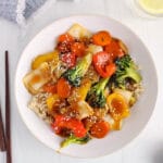 Overhead view on a saucy healthy vegetable stir-fry.