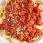 Close up on a pasta bowl made with a TVP bolognese.
