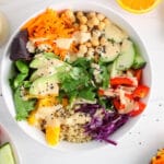 View on a large bowl filled with a colorful rainbow salad bowl.