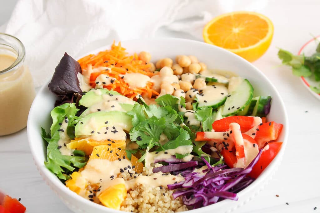 Vegan Rainbow Salad with Orange-Tahini Sauce