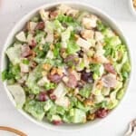 View on a large bowl of vegan Waldorf salad with a side of walnuts and green onions.