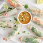 View on a few vegan rice paper rolls on a plate with a side of peanut butter sauce.