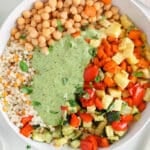 There is a warm pearl couscous salad made with roasted vegetables and a tahini pesto.