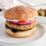 There is a vegan jackfruit burger garnished with tomatoes and red onion on a plate.