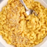 View on a bowl of dairy-free mac and cheese made with coconut milk.