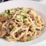 Close up on a bowl of creamy miso udon with mushrooms and green onions.