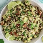 View on a large serving bowl filled with a zesty quinoa salad.