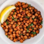 View on spiced flavored chickpeas that were pan-fried.