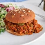 View on a vegan lentil sloppy joes with a side of salad.
