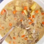 There is a spoon in a bowl of creamy oyster mushroom soup.