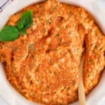 Overhead view on a red pepper pesto.
