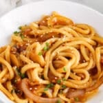 Front angle view on a bowl of spicy garlic udon noodles with sesame seeds.