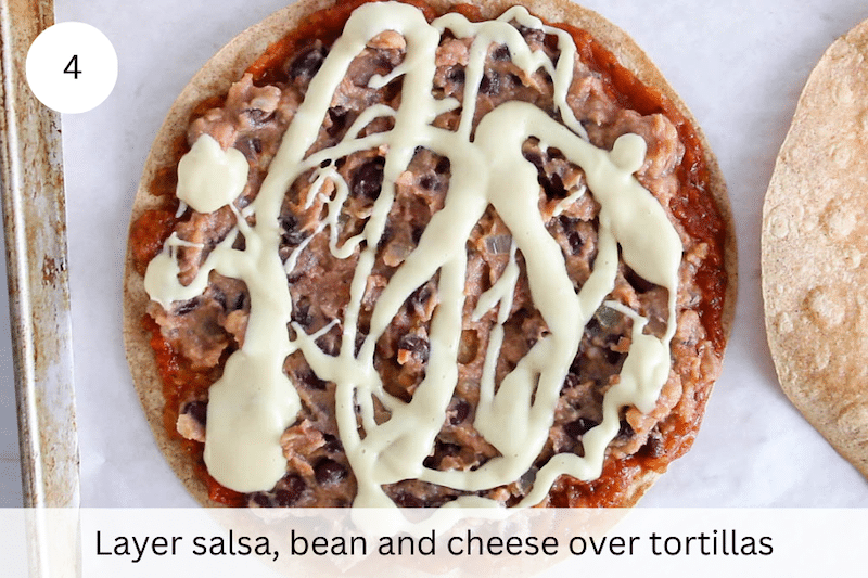 In process picture: add salsa, bean and cheese.