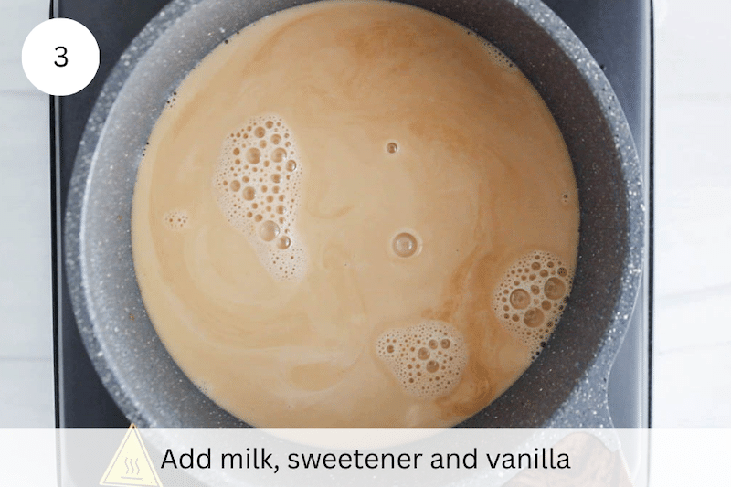 In process picture: add milk and flavoring ingredients.