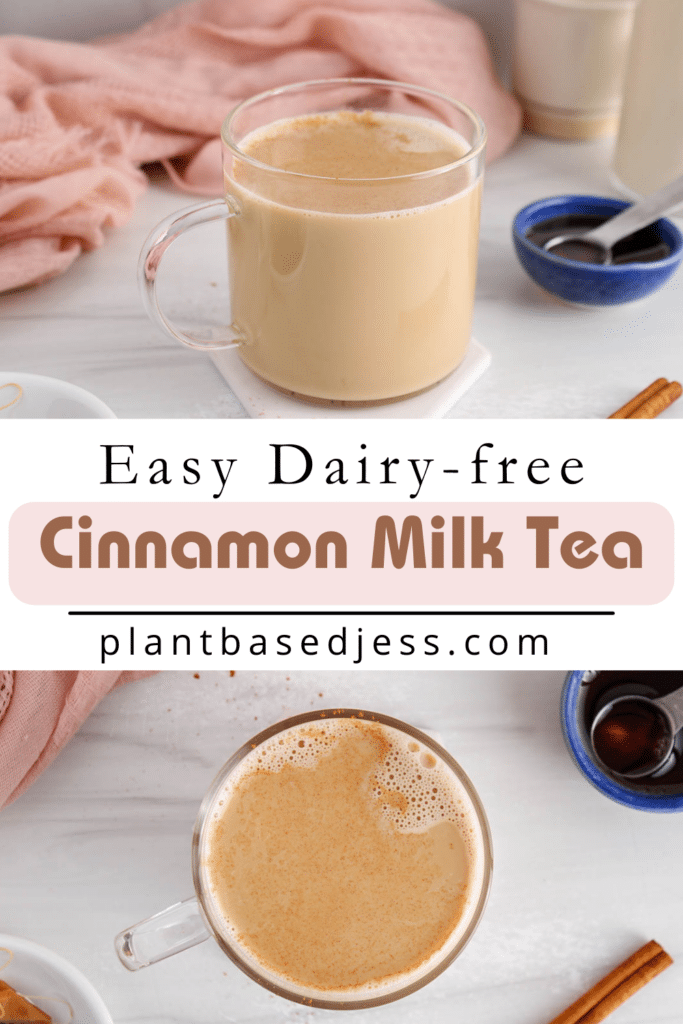 Pinterest picture showing a mug of cinnamon milk tea.