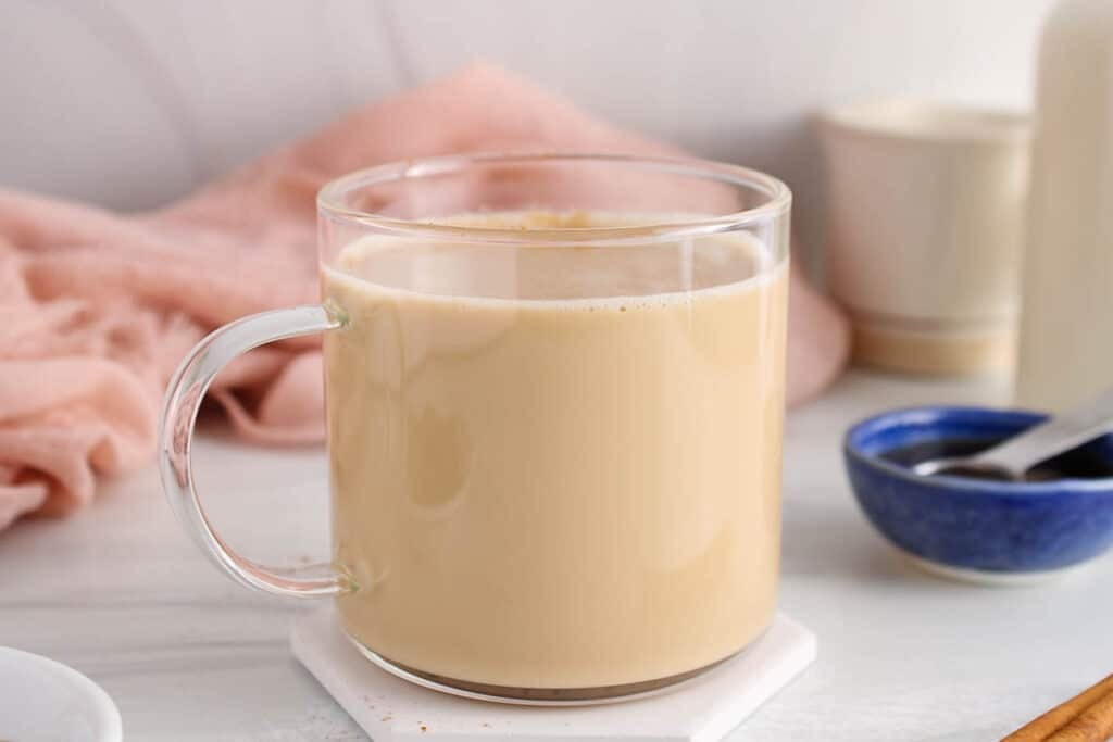 View on a cinnamon milk tea made dairy-free.