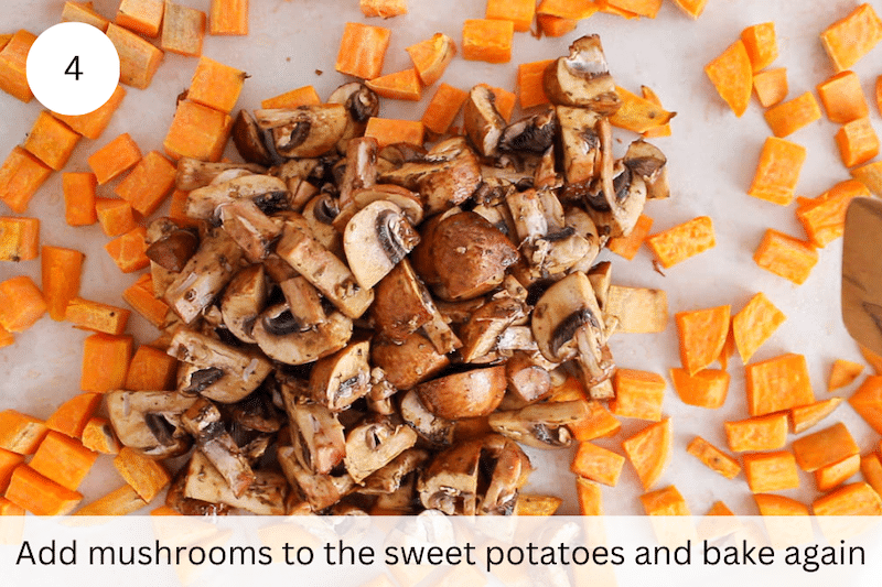 In process picture: add mushroom to baking sheet and bake again.