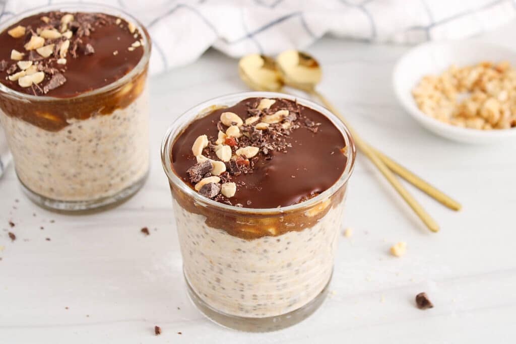 View on a vegan snickers overnight oats recipe topped with peanuts.
