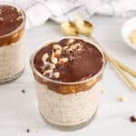 View on a vegan snickers overnight oats recipe topped with peanuts.