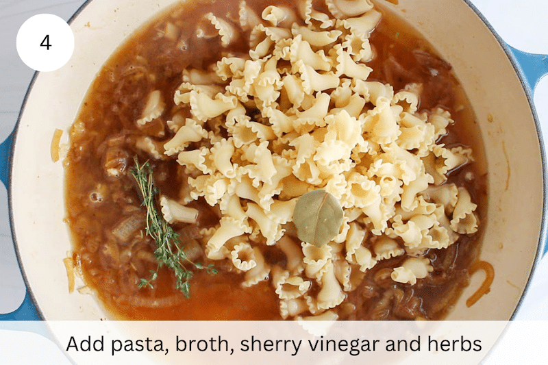 In process picture: add pasta with herbs and broth.