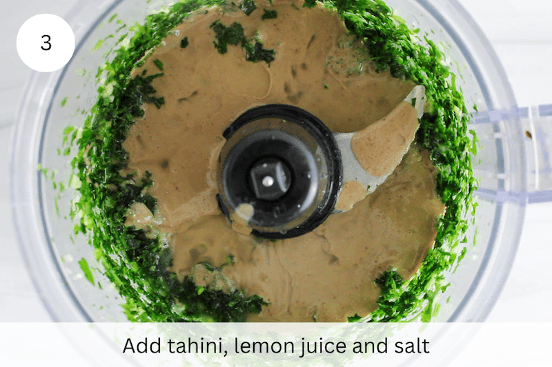 In process picture: add tahini, lemon juice and salt.