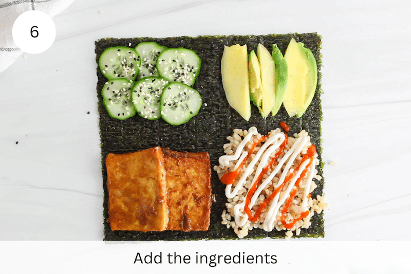 In process picture: add the ingredients over the nori.