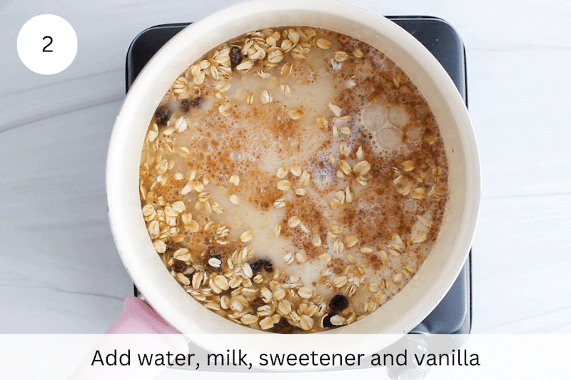 Rolled oat in a bowl with spices, milk and water.