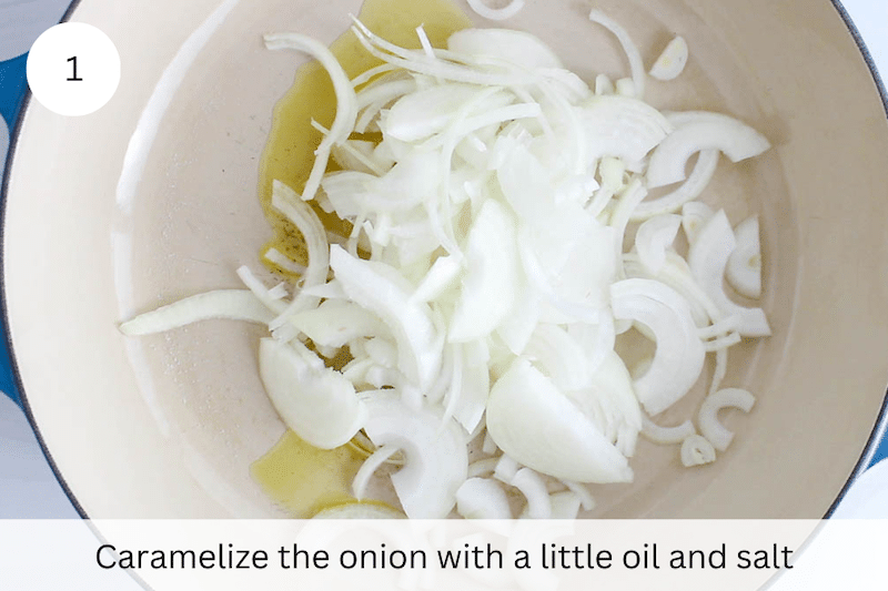 In process picture: cook the onion in oil with salt.