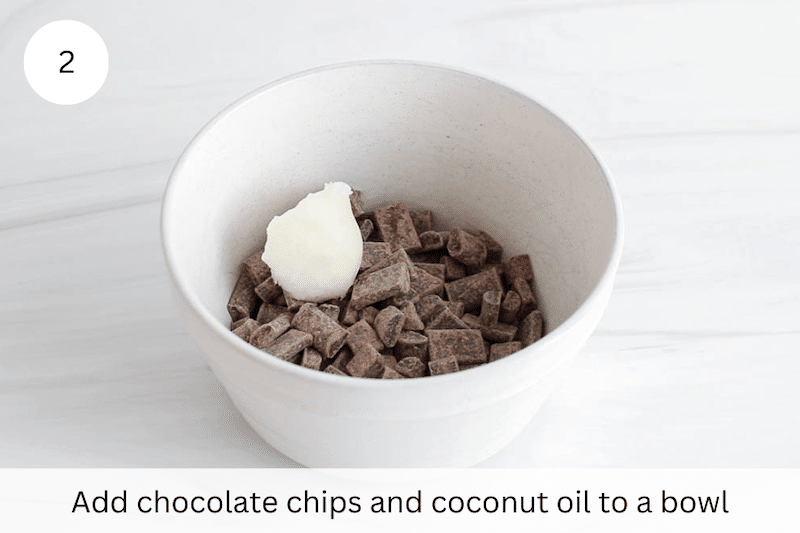 In process picture: add chocolate chips and coconut oil to a bowl.