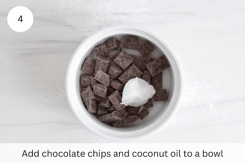 In process picture: add chocolate chips and coconut oil to a bowl.