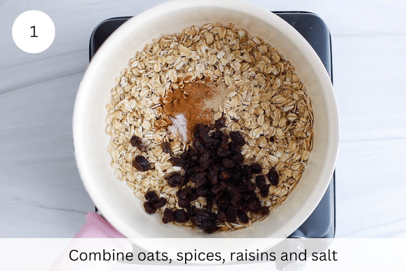 White bowl with oats, raisins and spices.