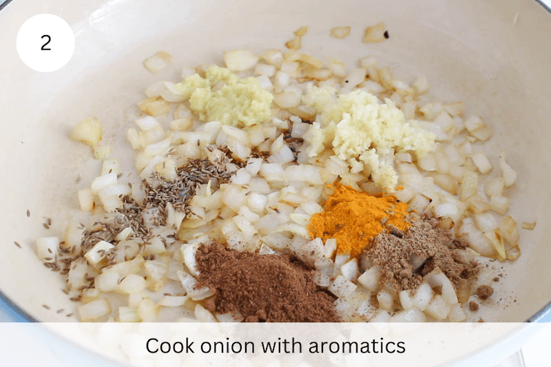 In process picture: cook onion with the aromatics.