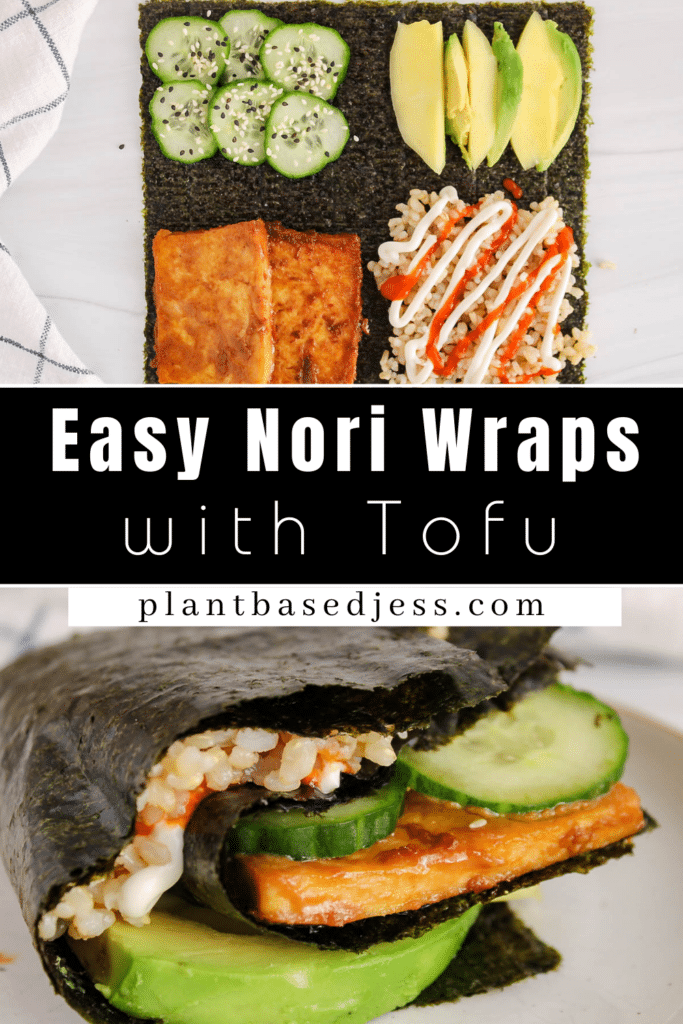 Pinterest graphic showing 2 images of a nori wrap with an overlay text saying: Easy Nori Wraps".
