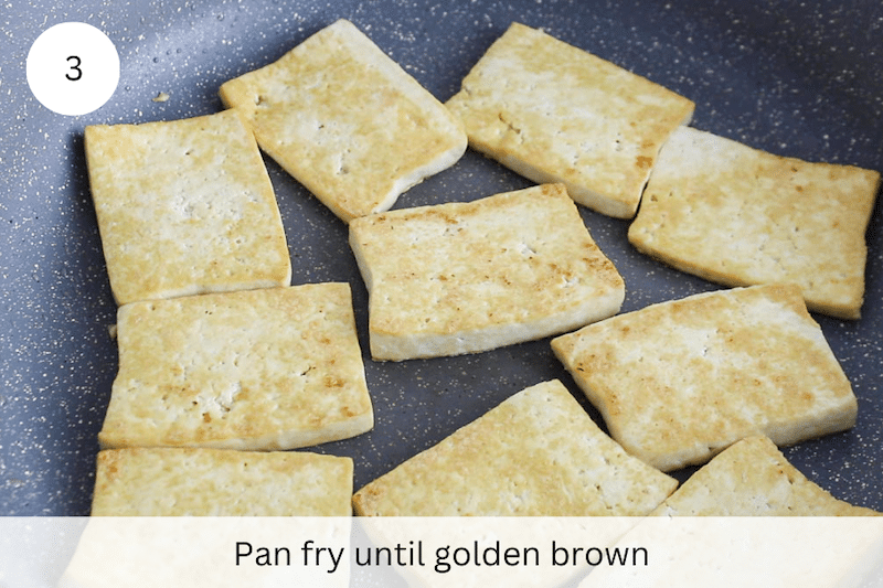 In process picture: pan fry the tofu until golden brown.