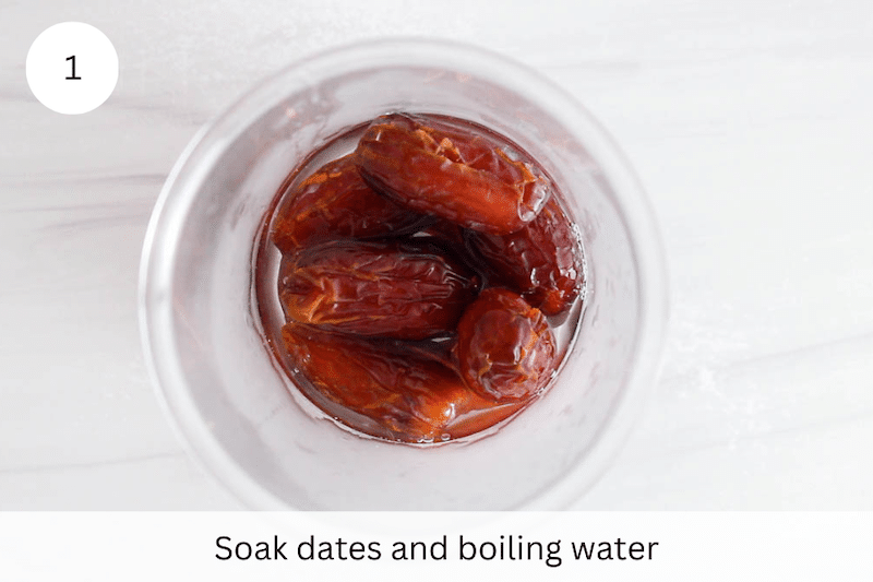 In process picture: soak the dates in boiling water.