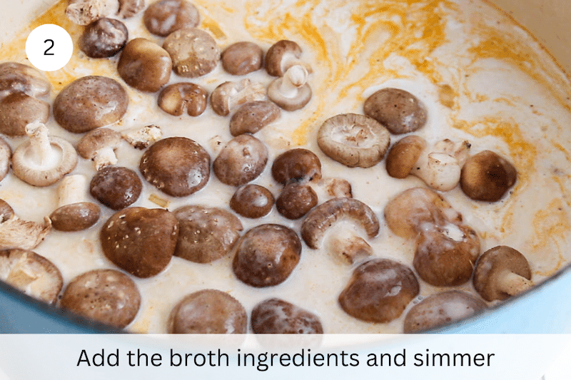 In process picture: add broth ingredients and mushrooms.