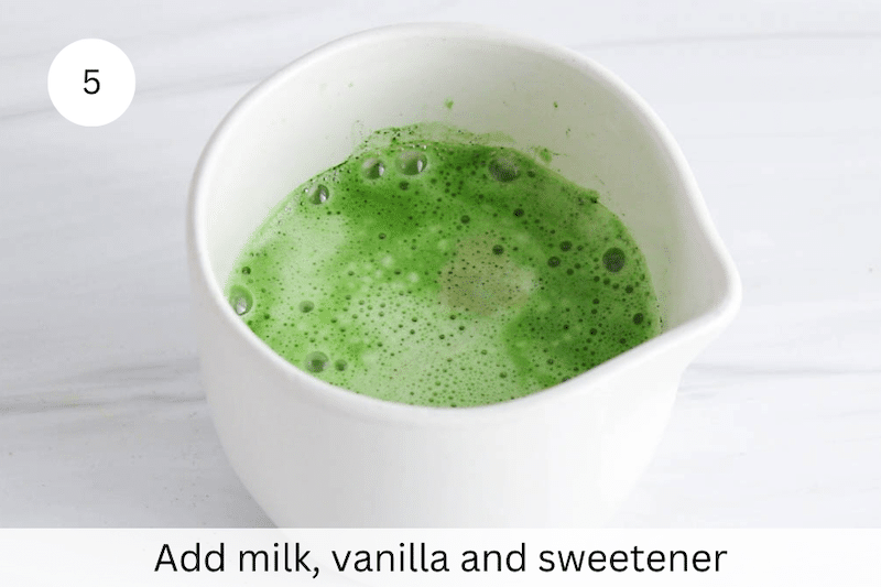 In process picture: add milk, vanilla and maple syrup to matcha shot.