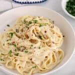 View on linguini tossed in a silken tofu pasta sauce in a bowl.