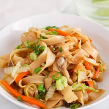 Front angle view on a bowl of Vietnamese stir-fried soy sauce noodles.