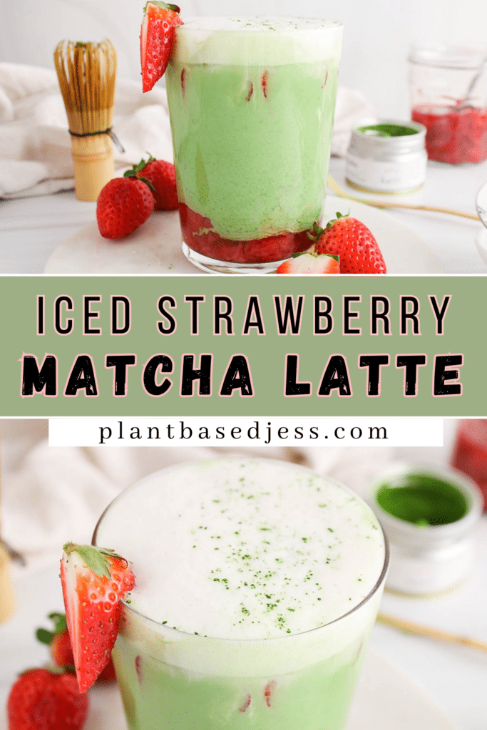 Pinterest graphic showing 2 images of a strawberry matcha latte with an overlay text saying: "Iced Strawberry Matcha Latte".