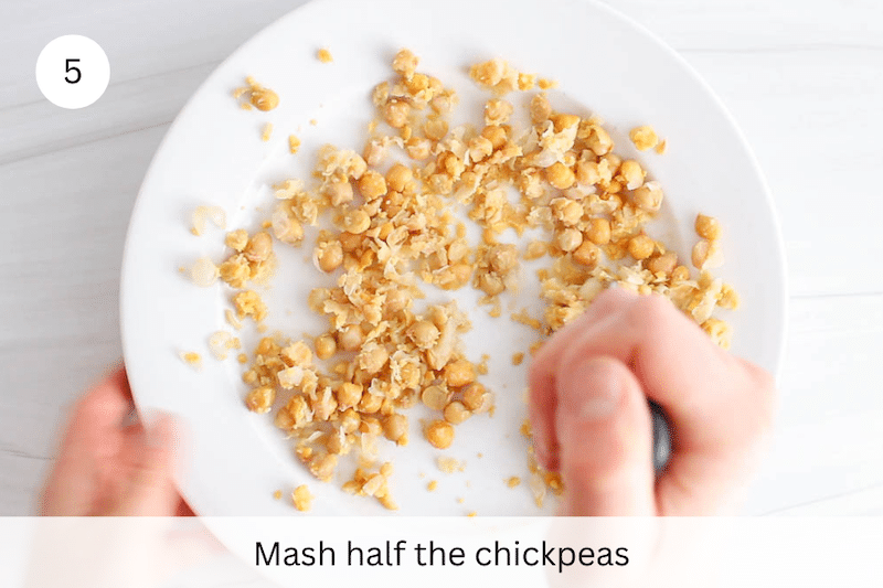 In process picture: mash half the chickpeas.