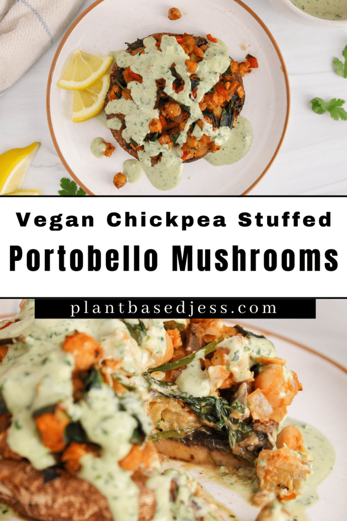 Pinterest graphic showing 2 images of a vegan stuffed portobello mushroom with an overlay text saying: "Vegan chickpea stuffed portobello mushrooms".