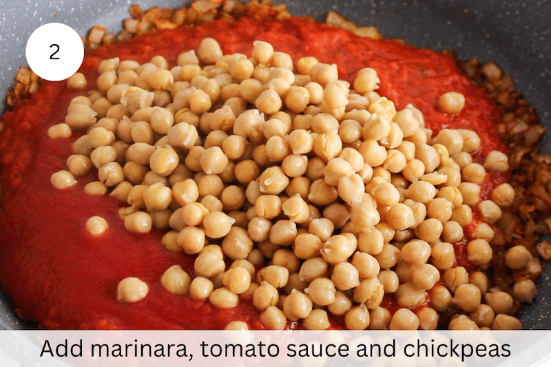 In process picture: add chickpeas, tomato sauce and marinara.