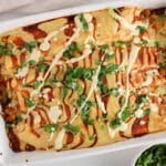 Showing a casserole of vegan chickpea enchiladas covered with cilantro.