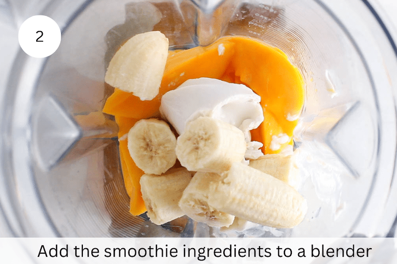 In process picture: smoothie ingredients in a blender.