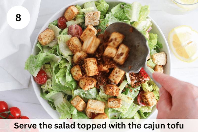 In process picture: serve the salad topped with cajun tofu.