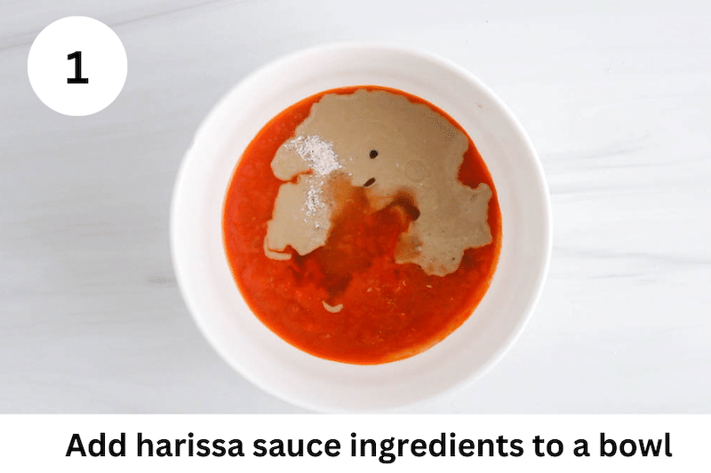 In process picture: add harissa sauce ingredients to a bowl.